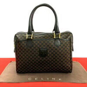 Celine Macadam Blason Triomphe Logo Leather Boston Bag Handbag Black Brown